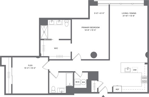 Floor plan for 1 bed, 2 baths, 1378 sqft
